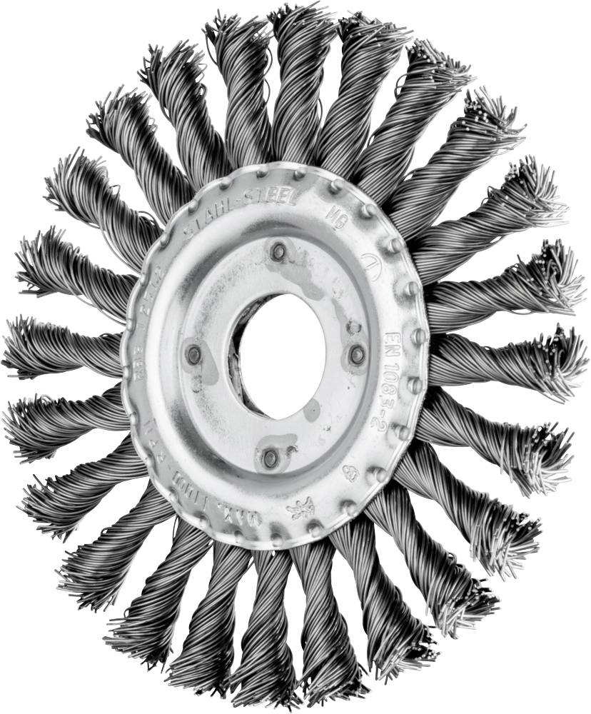 Une roue en fil métallique avec des poils tressés, adaptée au ponçage et au polissage des surfaces.