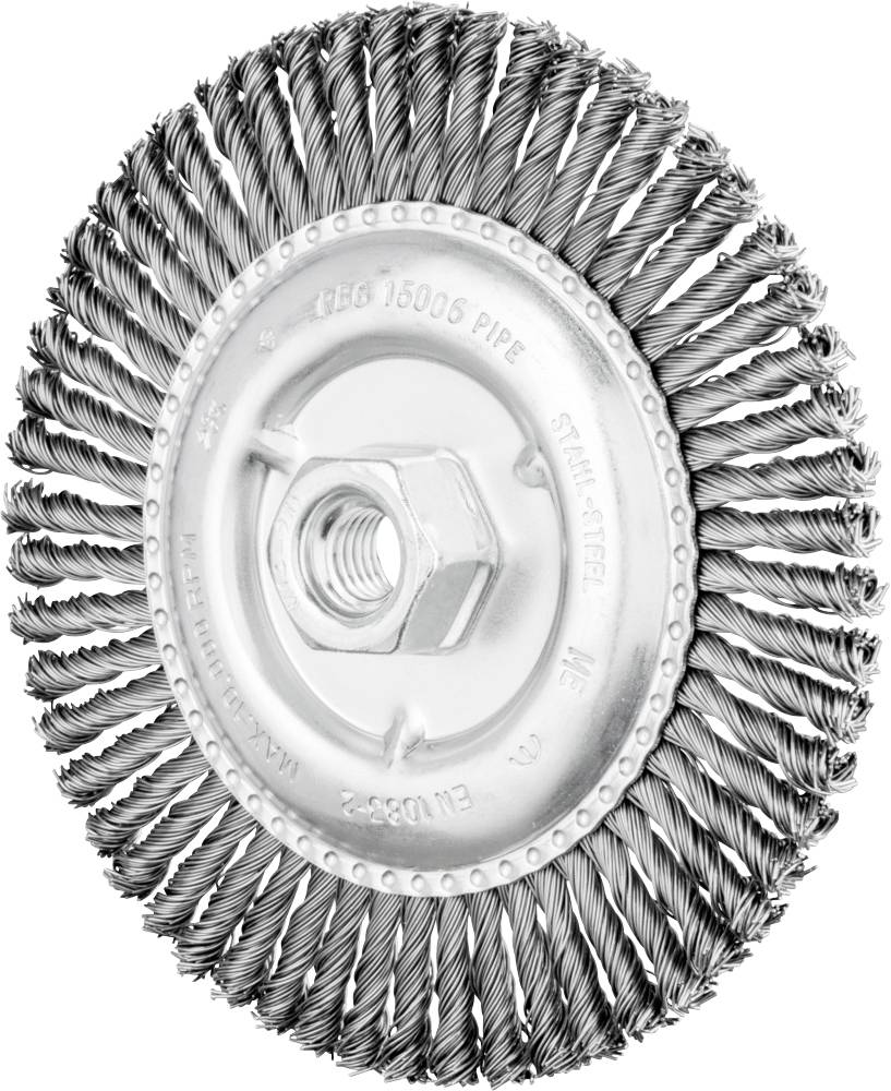 Brosse métallique ronde avec fil d'acier ondulé et écrou de fixation central, adaptée aux travaux de nettoyage et de ponçage.