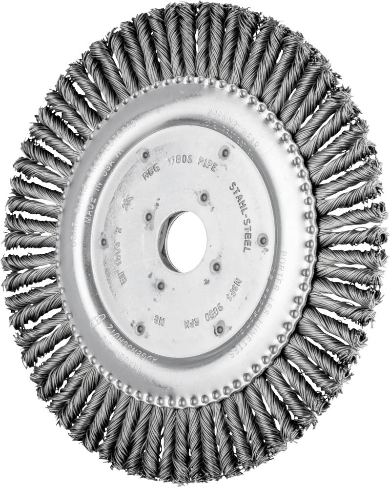 Brosse métallique pour nettoyage industriel, ronde avec des poils torsadés, aspect métallique. Idéale pour le traitement de surface.