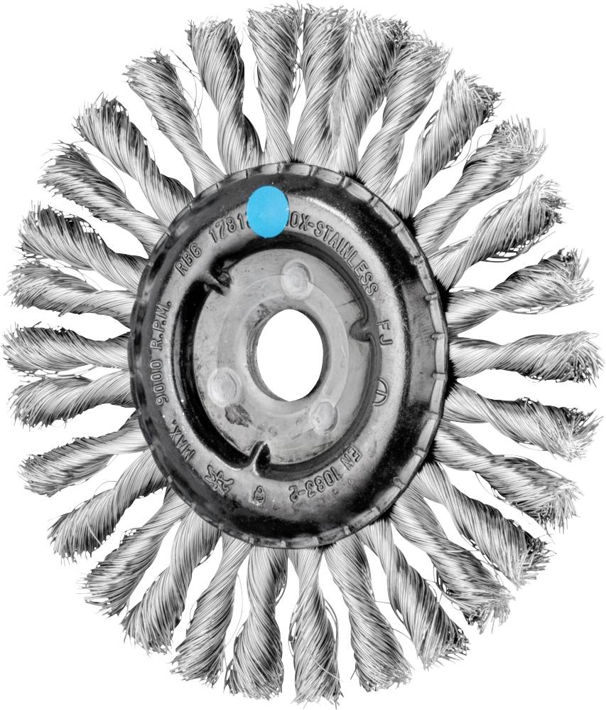 Embout de brosse métallique avec poils torsadés en acier inoxydable, adapté au nettoyage et au polissage des métaux.