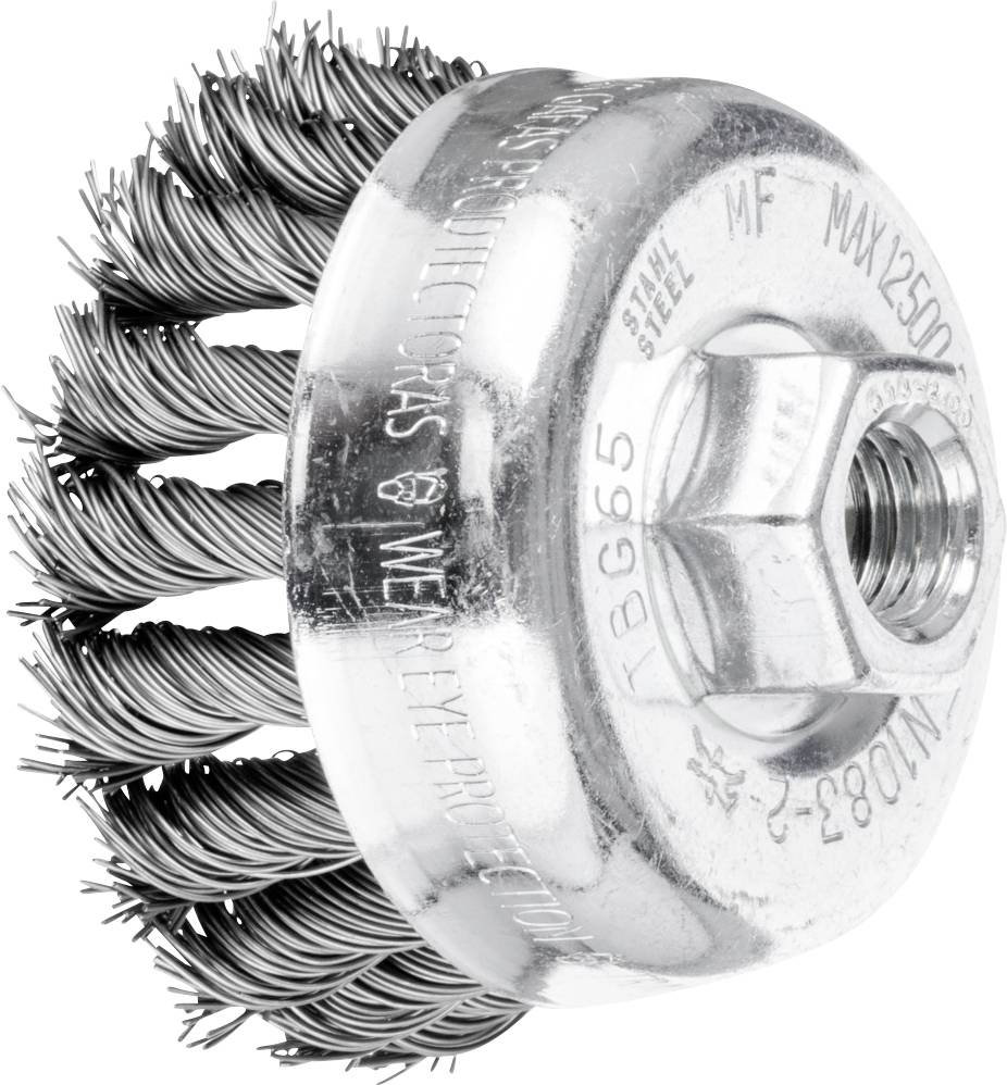 Brosse métallique en fil avec base ronde, adaptée au décapage et au nettoyage des surfaces métalliques.