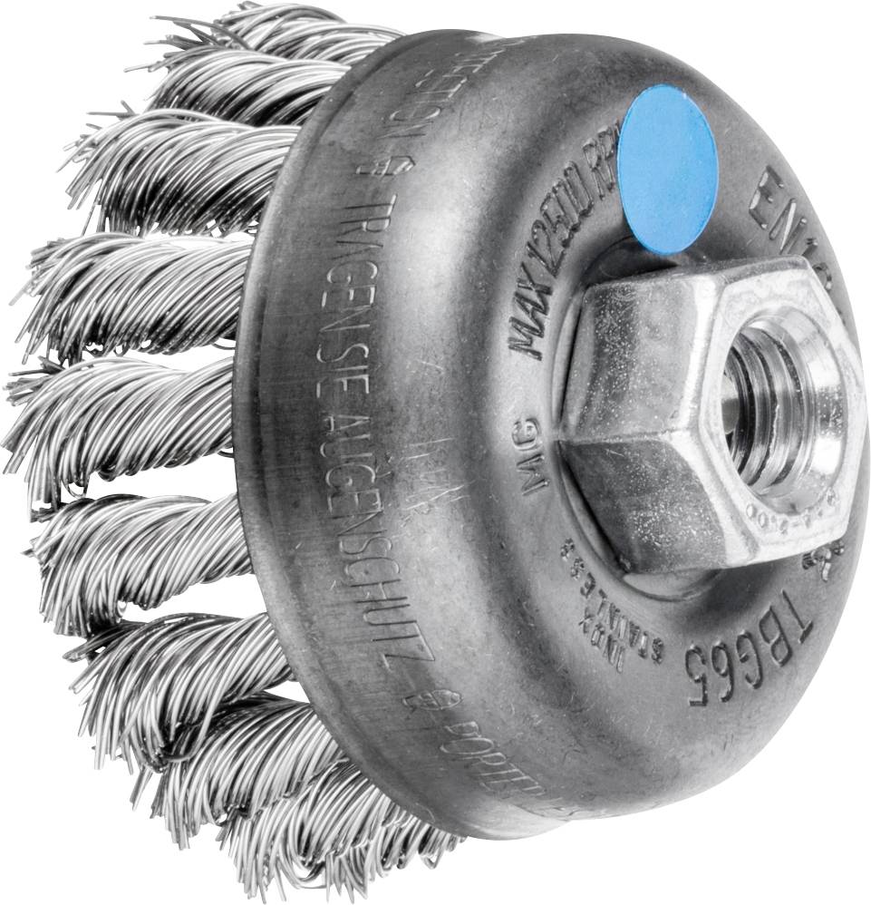 Brosse métallique avec tête en métal et point de marquage bleu. Adaptée pour le nettoyage de surfaces. Avertissement de sécurité : utiliser une protection.