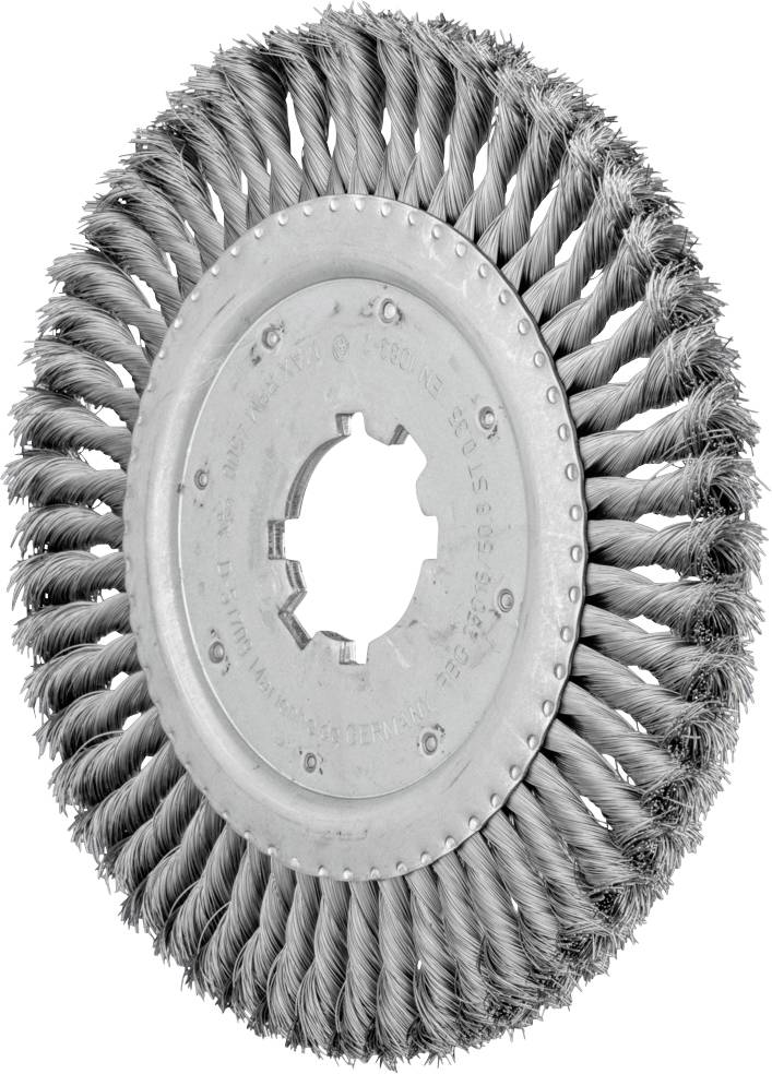 Brosse métallique ronde à poils denses et torsadés, typiquement utilisée pour enlever la rouille ou la peinture sur des surfaces métalliques.