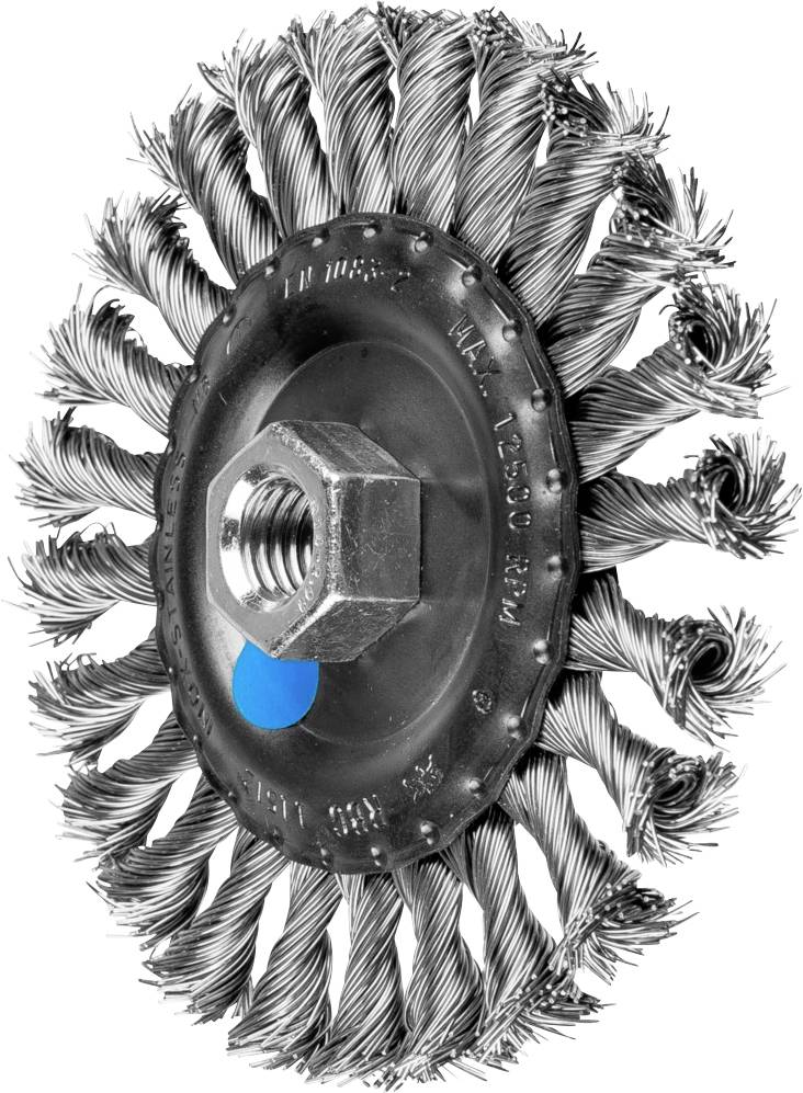 Brosse circulaire en fil métallique avec une vis métallique au centre. Adaptée aux travaux de nettoyage ou de ponçage sur des surfaces métalliques.