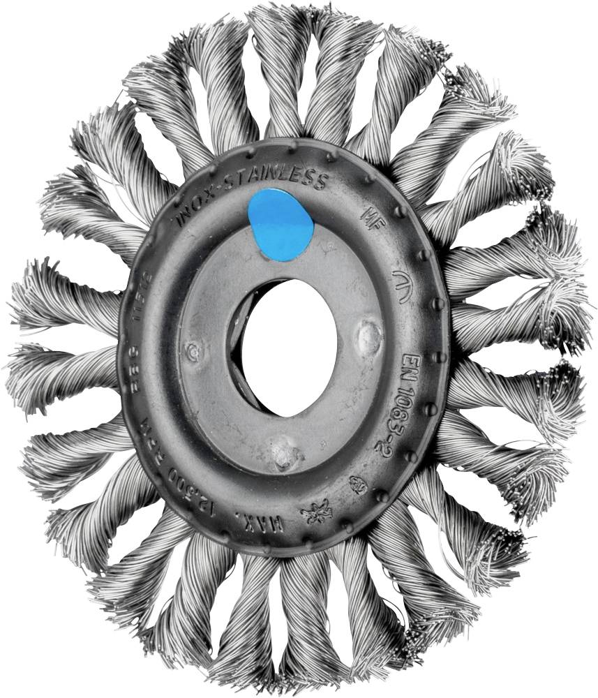 Brosse métallique circulaire en acier inoxydable avec poils torsadés et trou central, adaptée pour le nettoyage et le décapage de surfaces.