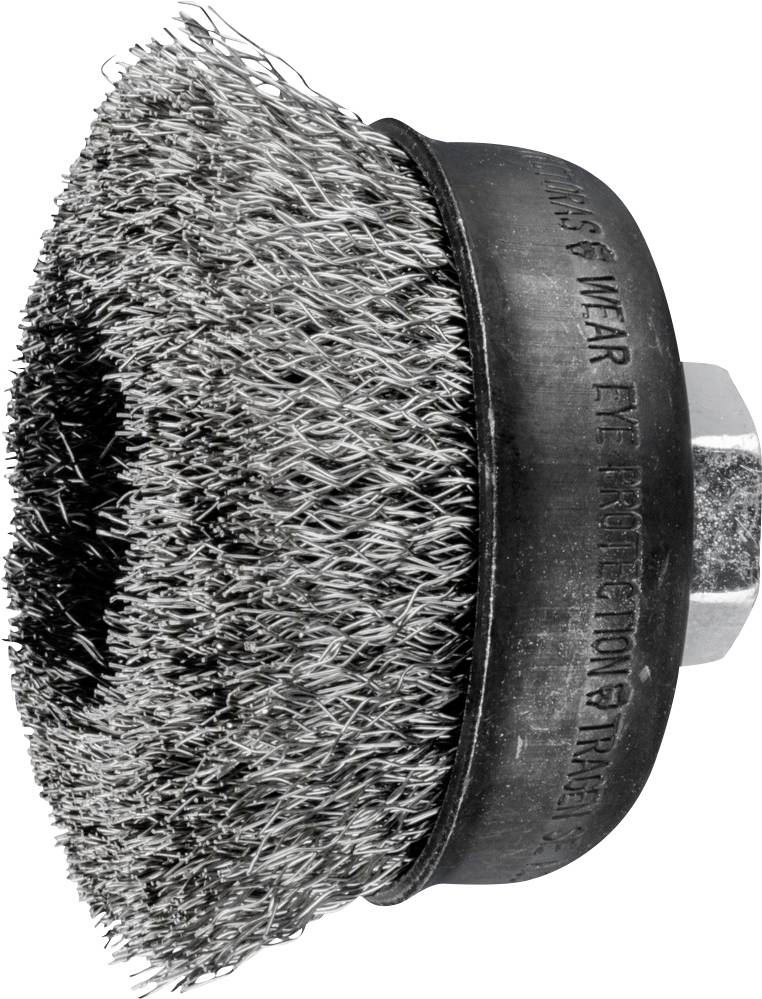 Brosse métallique circulaire pour perceuse ; avec des poils métalliques denses, adaptée au nettoyage ou à l'élimination de la rouille et de la peinture.