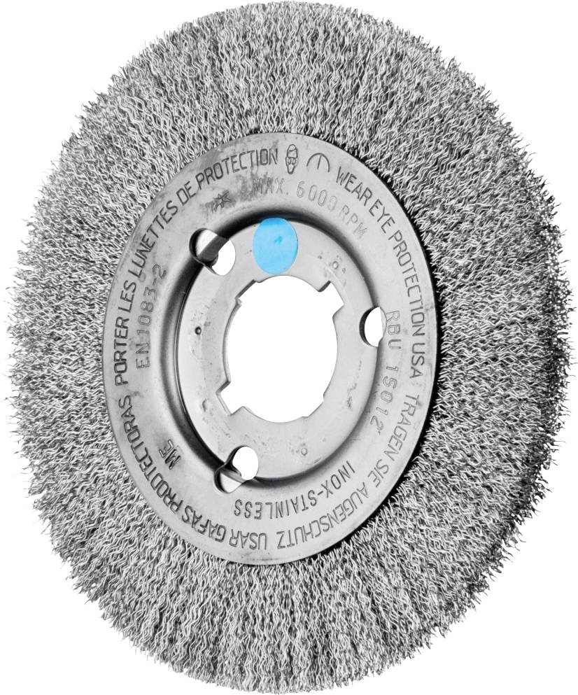 Une brosse métallique circulaire pour meuleuses. Les marquages indiquent : « Max. 5000 tr/min », « Porter des lunettes de protection », « Inox-Stainless ».
