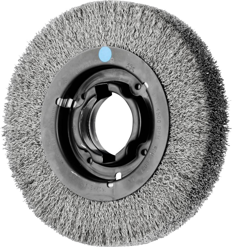 Un brosse métallique ronde avec des poils densément disposés et un manche central en plastique noir pour le montage sur un appareil.