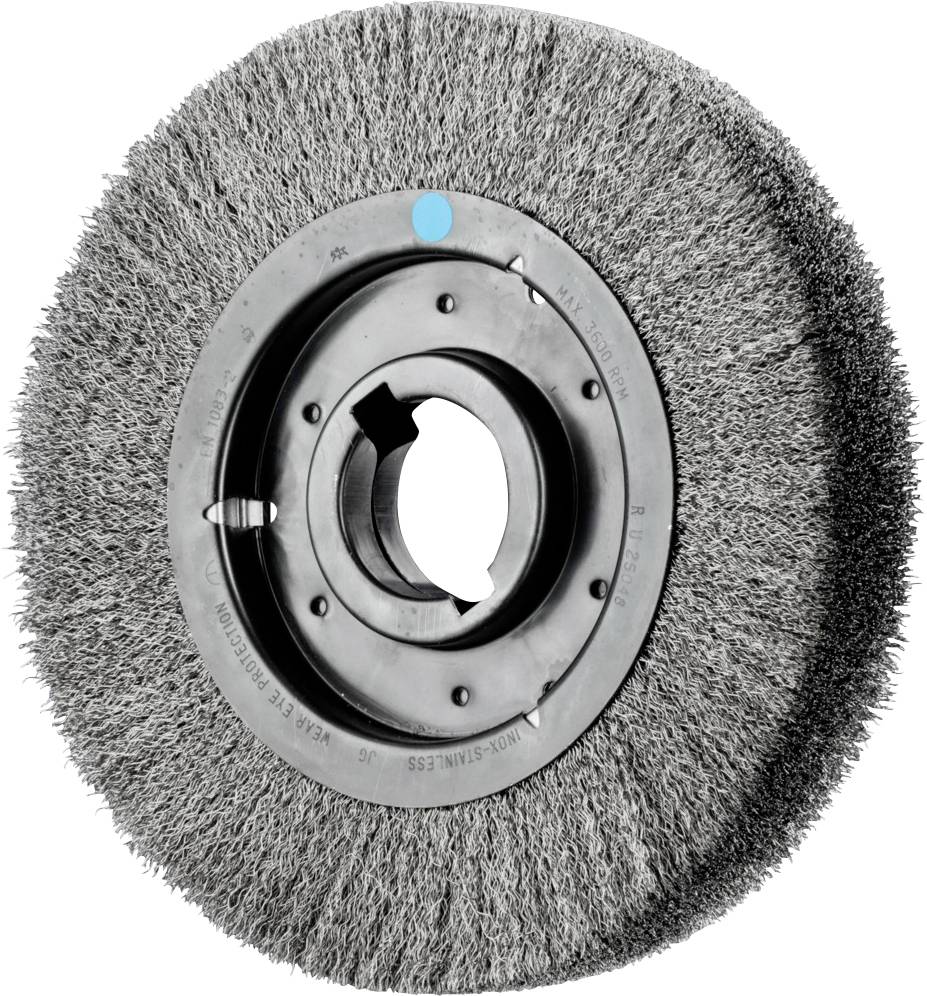 Brosse métallique circulaire avec des poils gris et un noyau en métal, adaptée aux travaux de meulage et de polissage sur surfaces métalliques.