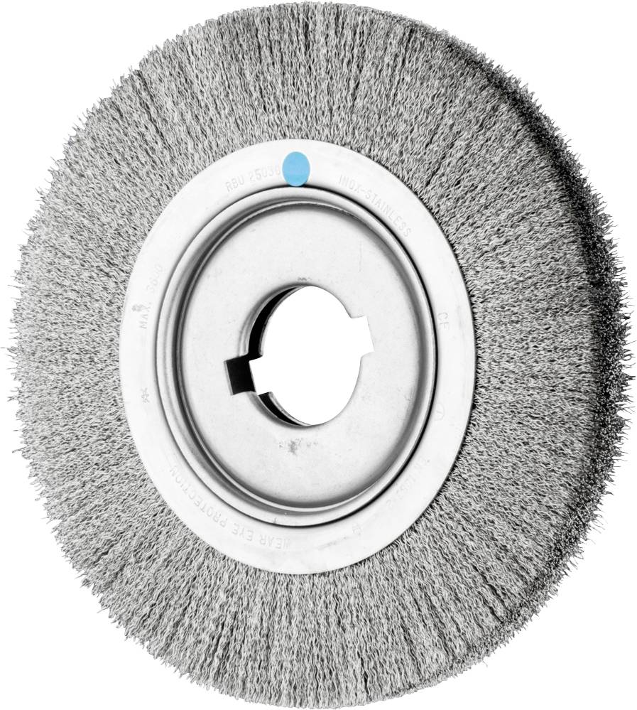 Brosse métallique avec couronne circulaire de poils et centre métallique, adaptée pour éliminer la rouille et la peinture sur des surfaces métalliques.