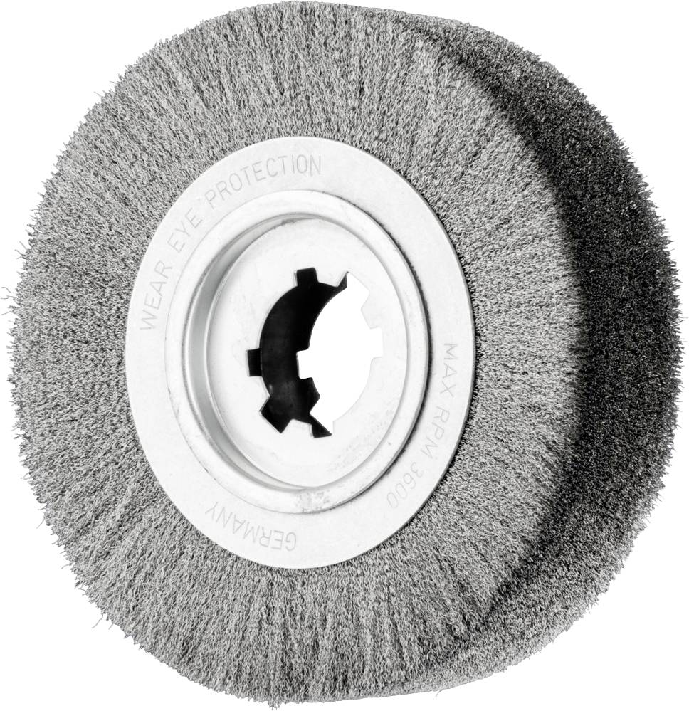 Brosse circulaire en acier avec avertissement : porter une protection oculaire. Adaptée aux travaux de meulage, vitesse max. : 6000 tr/min.