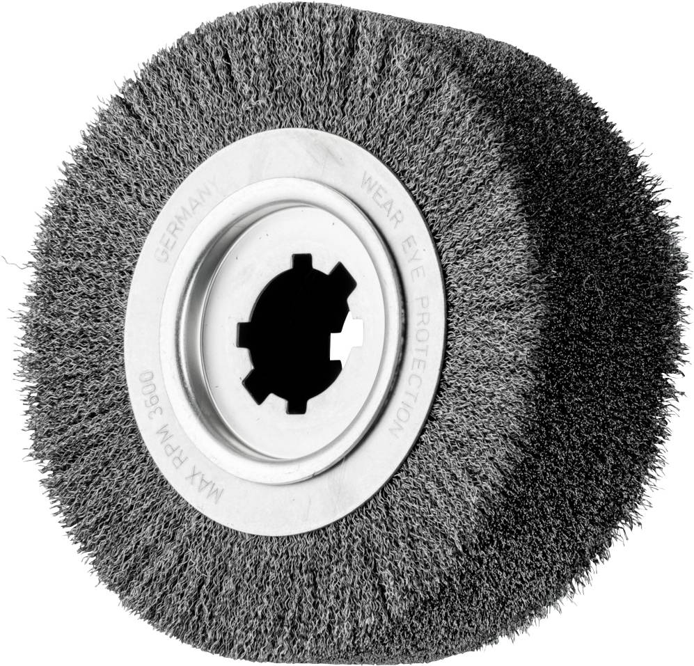Grande brosse métallique ronde avec une couronne de poils dense, moyeu métallique au centre, adaptée pour les travaux de meulage ou de polissage.