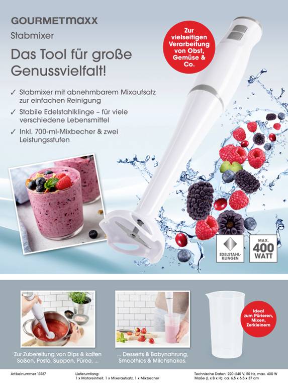 Mixeur plongeant avec lame en acier inoxydable, embout amovible et un bol doseur de 700 ml. Adapté pour les fruits, les légumes, les aliments chauds et froids.