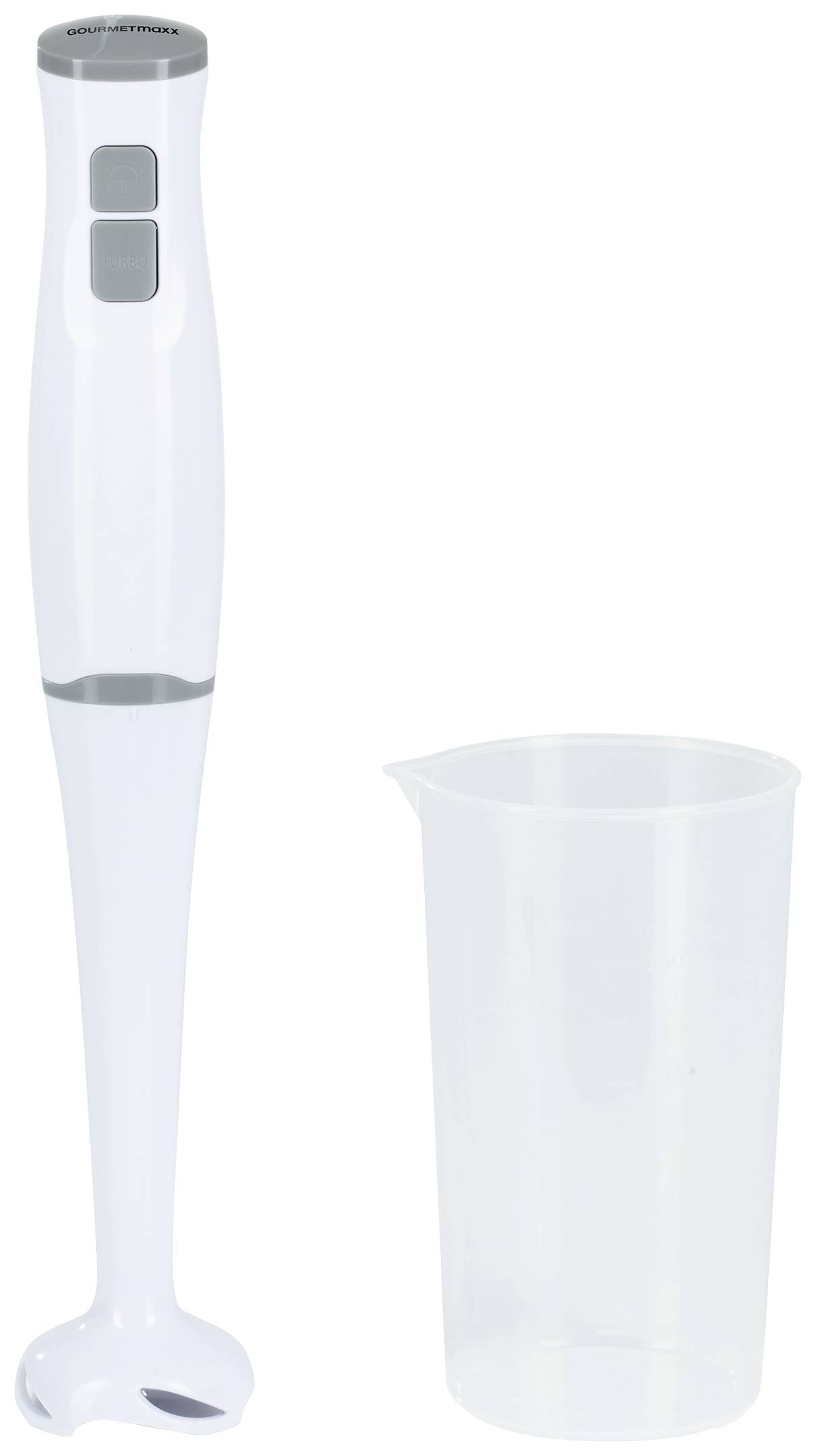 Un mixeur plongeant blanc avec deux boutons à côté d'un pichet doseur transparent sur fond blanc.
