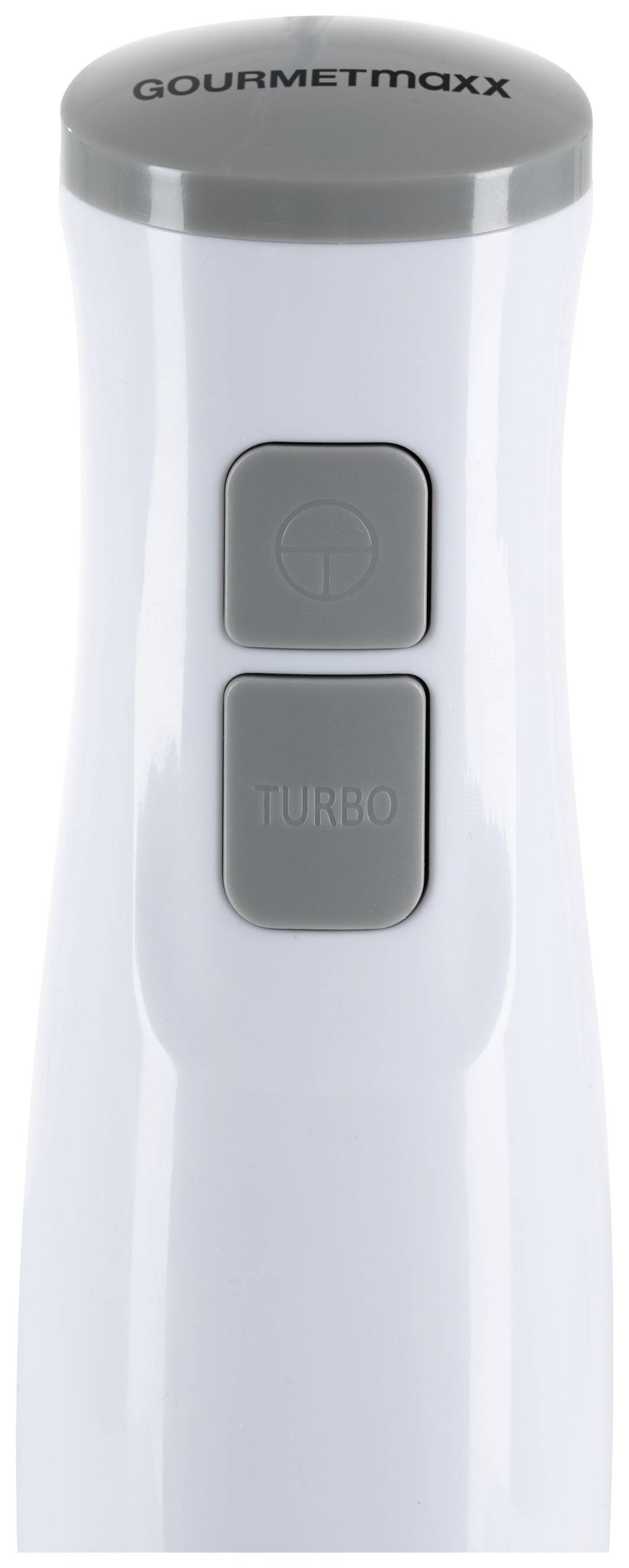 Un mixeur blanc avec deux boutons gris, l'un portant l'inscription 'Turbo', sous un couvercle gris. Au-dessus est écrit 'Gourmetmaxx'.