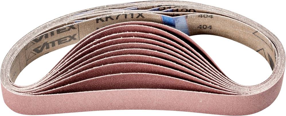 Plusieurs bandes abrasives en forme de boucle, à surface brune, empilées côte à côte. Utilisées pour les travaux de ponçage dans l'industrie ou l'artisanat.