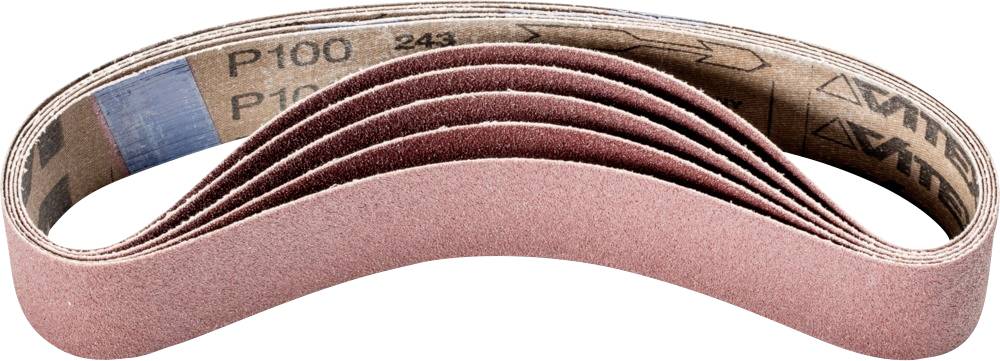 Une pile de six bandes abrasives, disposées de manière incurvée, portant l'inscription 'P100', adaptées aux travaux de ponçage sur bois ou métal.