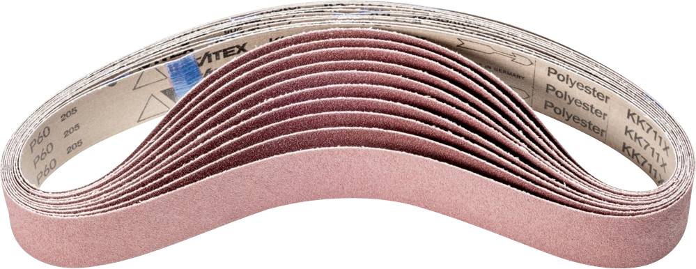 Bande abrasive multicouche en forme de serpentin. Surface brun-rouge, dos imprimé avec des inscriptions et des flèches.