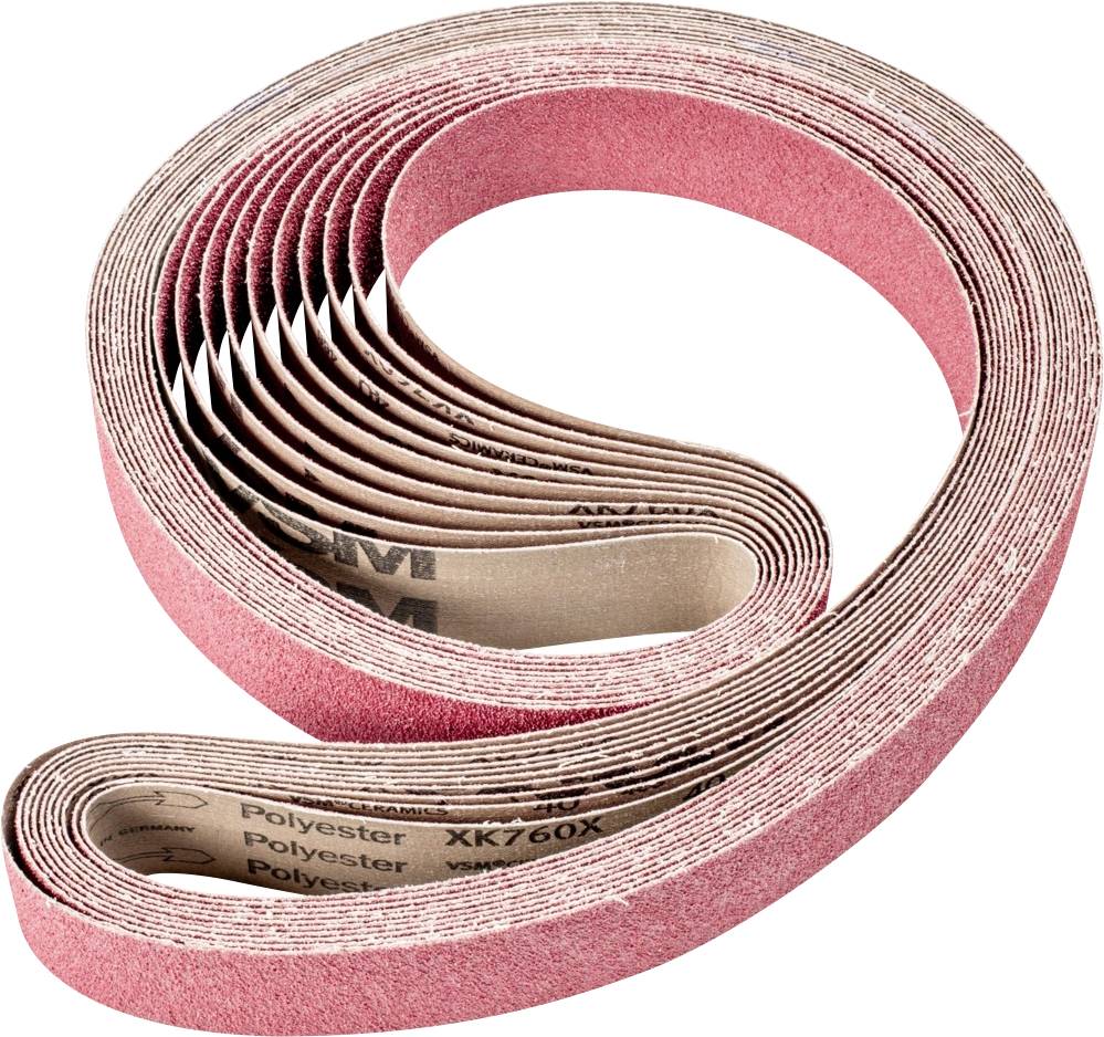 Bande abrasive enroulée en spirale, surface rose, inscription 'Polyester'. Utilisée pour le ponçage de matériaux avec des ponceuses à bande.