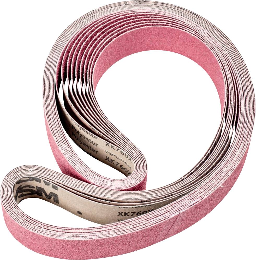 Bande abrasive rouge, enroulée en une forme ondulée, avec sa face inférieure en papier visible, adaptée aux machines de ponçage.