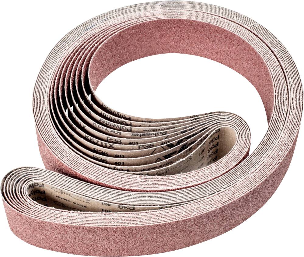 Une bande de papier de verre enroulée, rose pâle avec un grain grossier. Adaptée pour le ponçage sur bois et métal.
