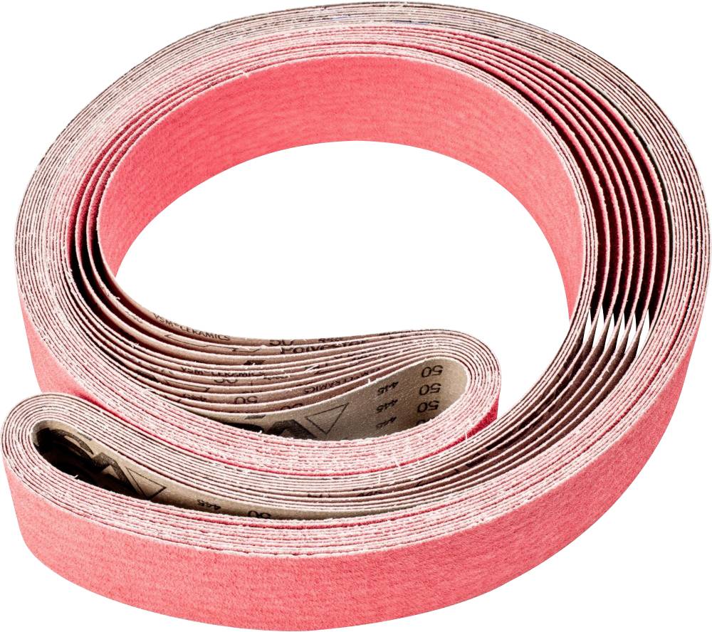 Un ruban de ponçage enroulé avec une surface rouge, prêt à être utilisé dans une machine à poncer.