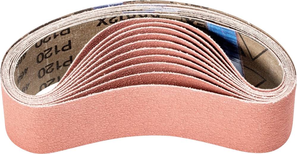 Une bande abrasive incurvée avec une surface rugueuse, semblable à du sable, typique des travaux artisanaux de ponçage et de lissage des matériaux.
