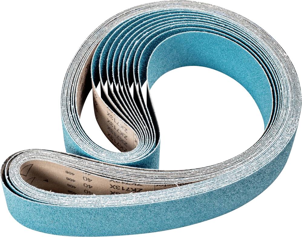 Bande abrasive sans fin en papier bleu, enroulée. Adaptée aux ponceuses à bande, utilisée pour le ponçage du bois et des métaux.