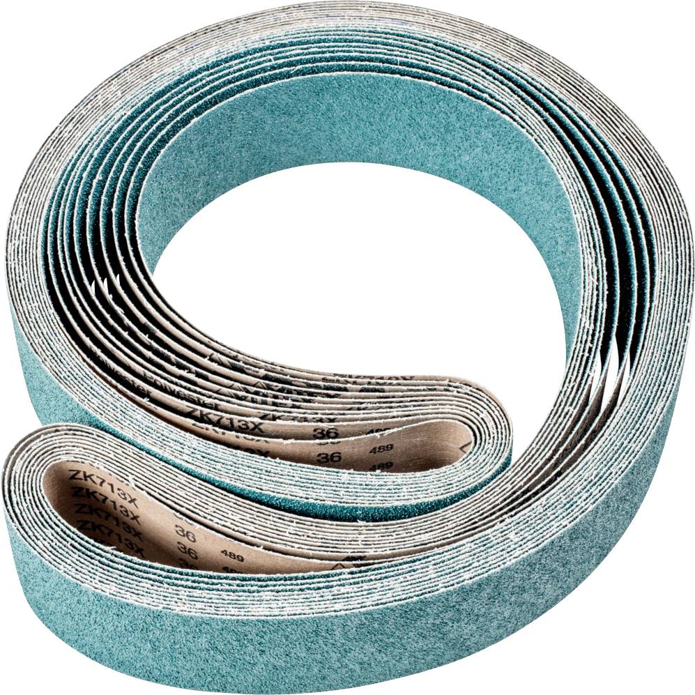 Une bande abrasive enroulée, de couleur turquoise, est superposée en plusieurs couches. Elle est destinée à être utilisée sur des machines à poncer.