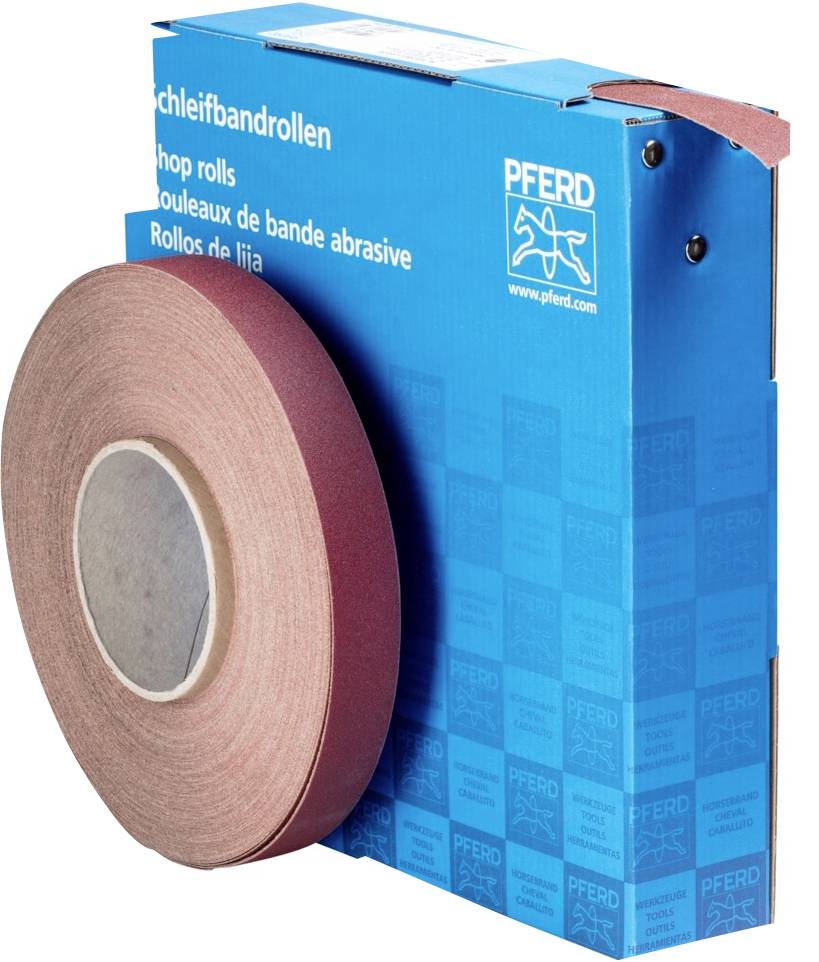 Un rouleau de bande abrasive dans un emballage bleu portant l'inscription 'Rouleaux de bandes abrasives'.