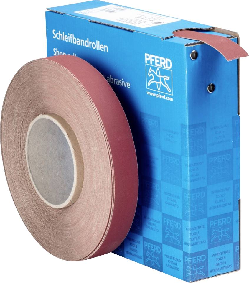 Rouleau de bande abrasive en matériau brun se trouvant devant un emballage bleu portant l'inscription « Rouleaux de bandes abrasives ».