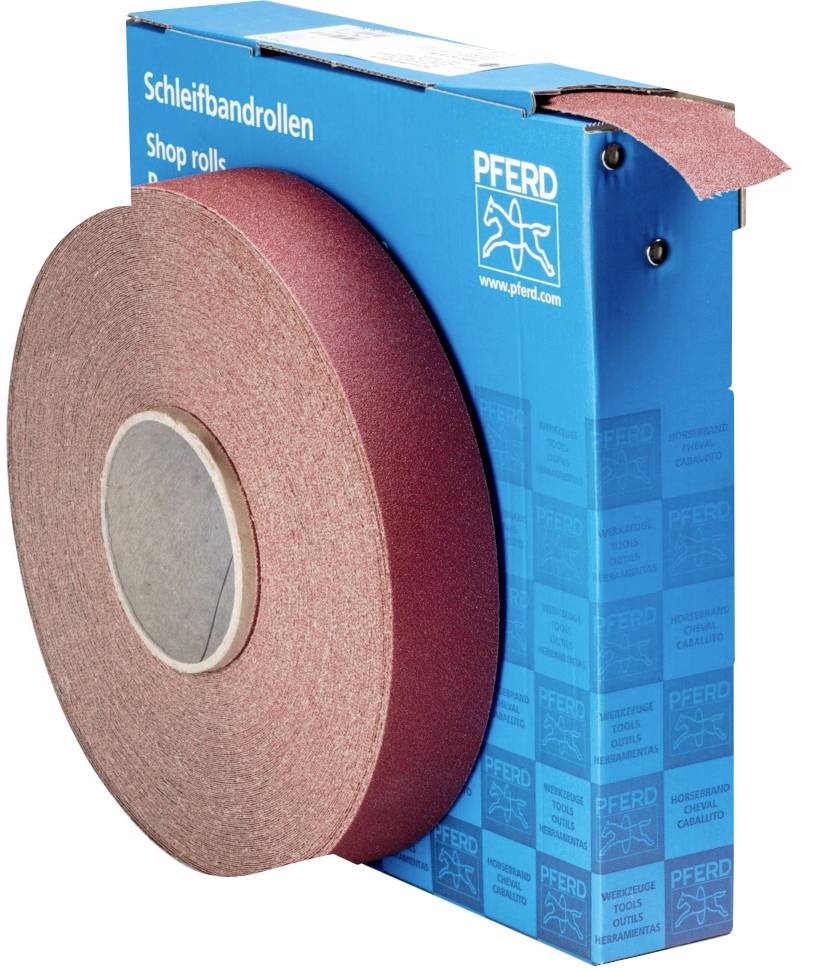 Bande abrasive brune dans un emballage bleu de la marque 'Pferd', partiellement sortie, pour le traitement des surfaces.