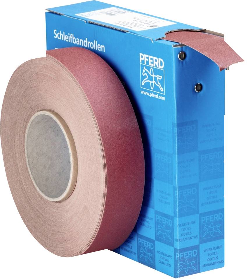Un grand rouleau de bande abrasive dans un emballage bleu portant l'inscription 'Rouleaux de bande abrasive Pferd'.