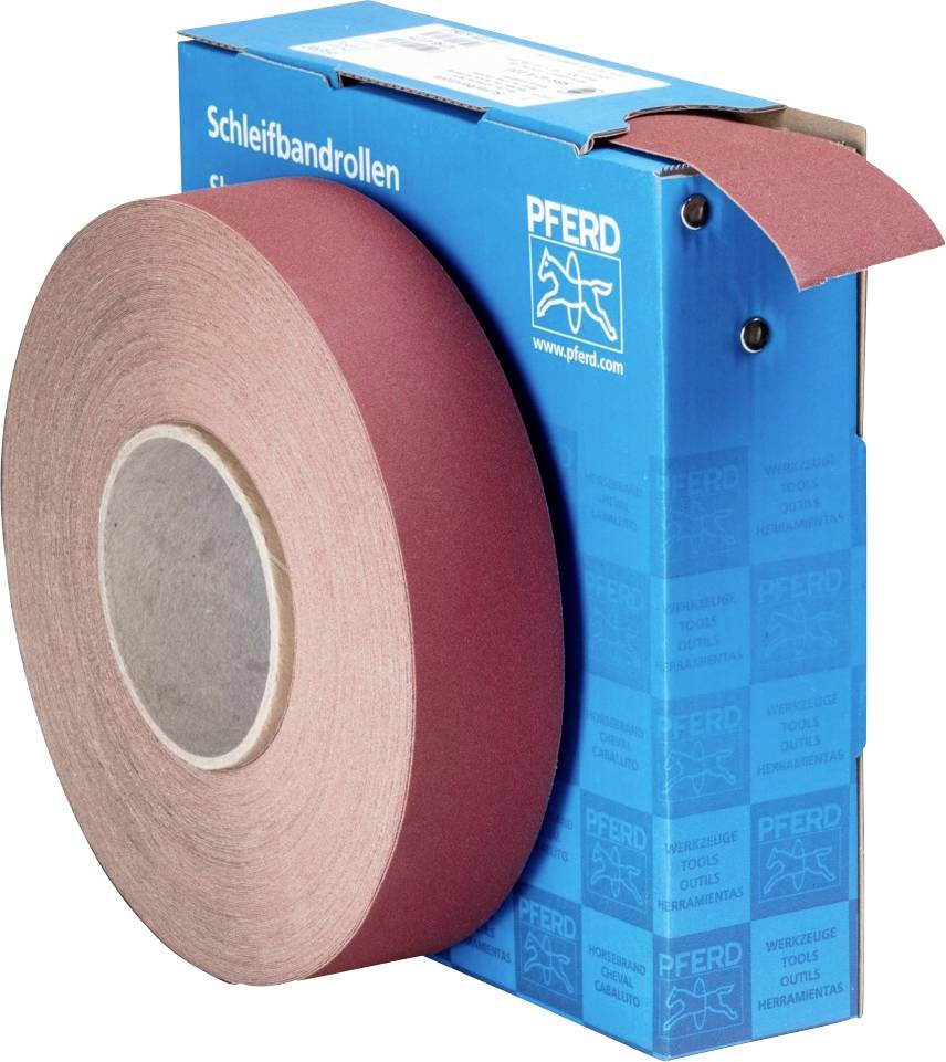 Un rouleau de bande abrasive dans un emballage bleu PFERD, partiellement déroulé, montre le matériau abrasif en rouge-brun.