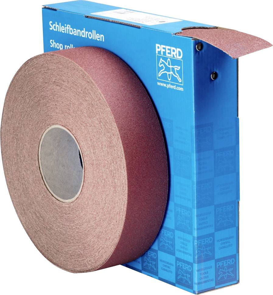 Un grand rouleau de papier de verre dans un emballage bleu portant l'inscription 'Schleifbandrollen Shop roll' et un logo.