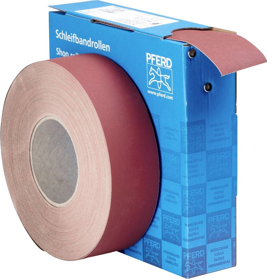 Un grand rouleau de bande abrasive dans un emballage bleu portant l'inscription « Rouleaux de bandes abrasives ».