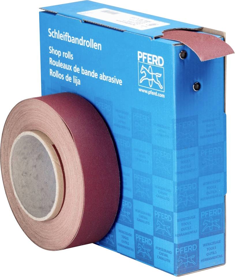 Un rouleau de bande abrasive devant un emballage bleu portant l'inscription 