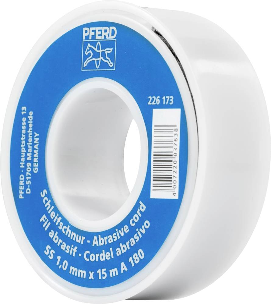 Rouleau blanc et bleu avec l'inscription 'Cordon de ponçage 1,0 mm x 15 m A 180', marque 'PFERD'. Destiné à dérouler des spirales, produit pour travaux de ponçage.