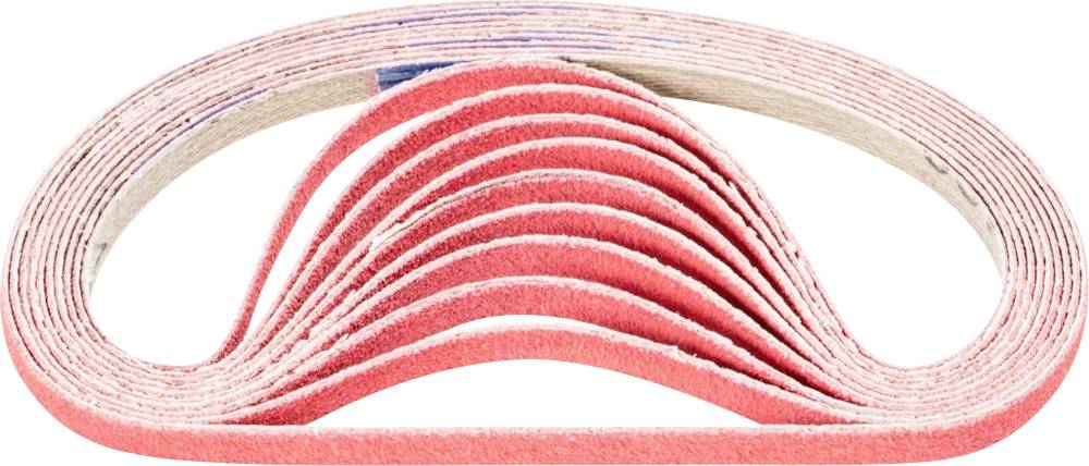 Une pile de rubans de ponçage rouges en forme de U, empilés par taille décroissante, sur une surface de fond blanche.