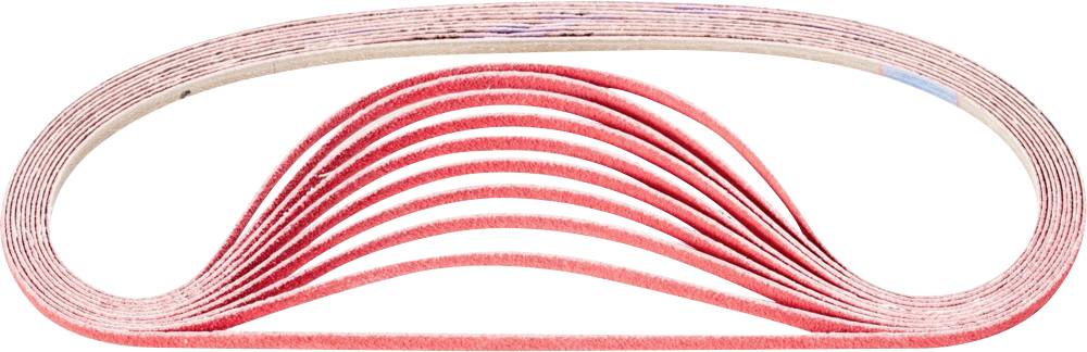 Un ruban abrasif rouge de forme ovale est étalé en éventail, montrant sa flexibilité et son aptitude aux travaux de ponçage.