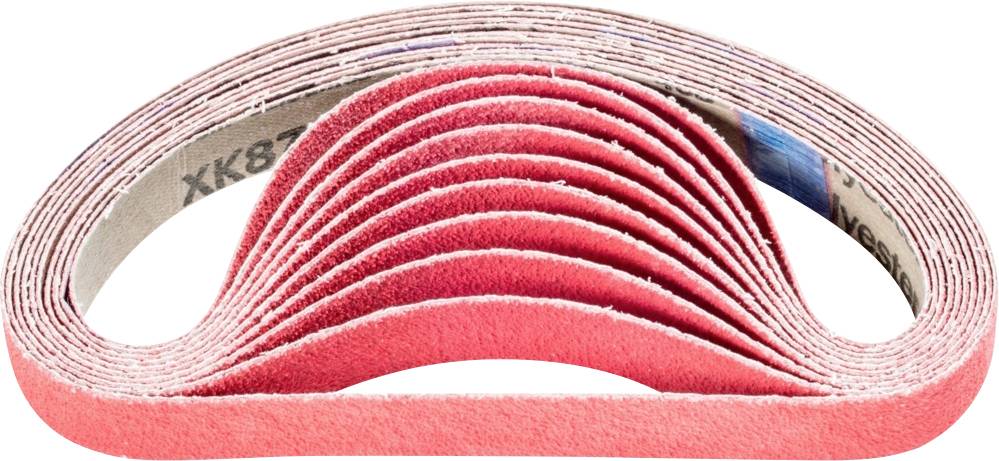 Un ensemble de rubans abrasifs rouges empilés en forme d'onde, adaptés aux travaux de ponçage artisanaux et industriels.