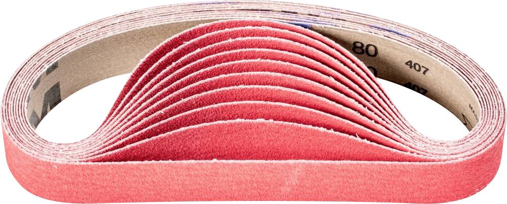 Plusieurs rubans abrasifs rouges empilés en forme d'éventail, avec granulométrie imprimée.