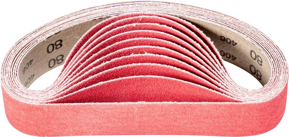 Pile de papier de verre rouge en forme de courbe, affichant un grain de maille 80 au verso.