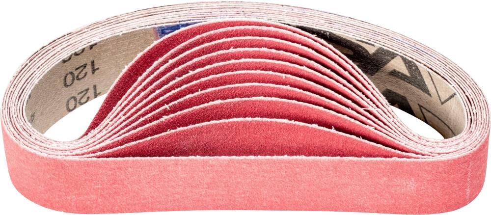 Bande abrasive rouge, plié plusieurs fois, montrant la structure tenace et flexible du ruban. Adapté pour les travaux de ponçage sur bois ou métal.