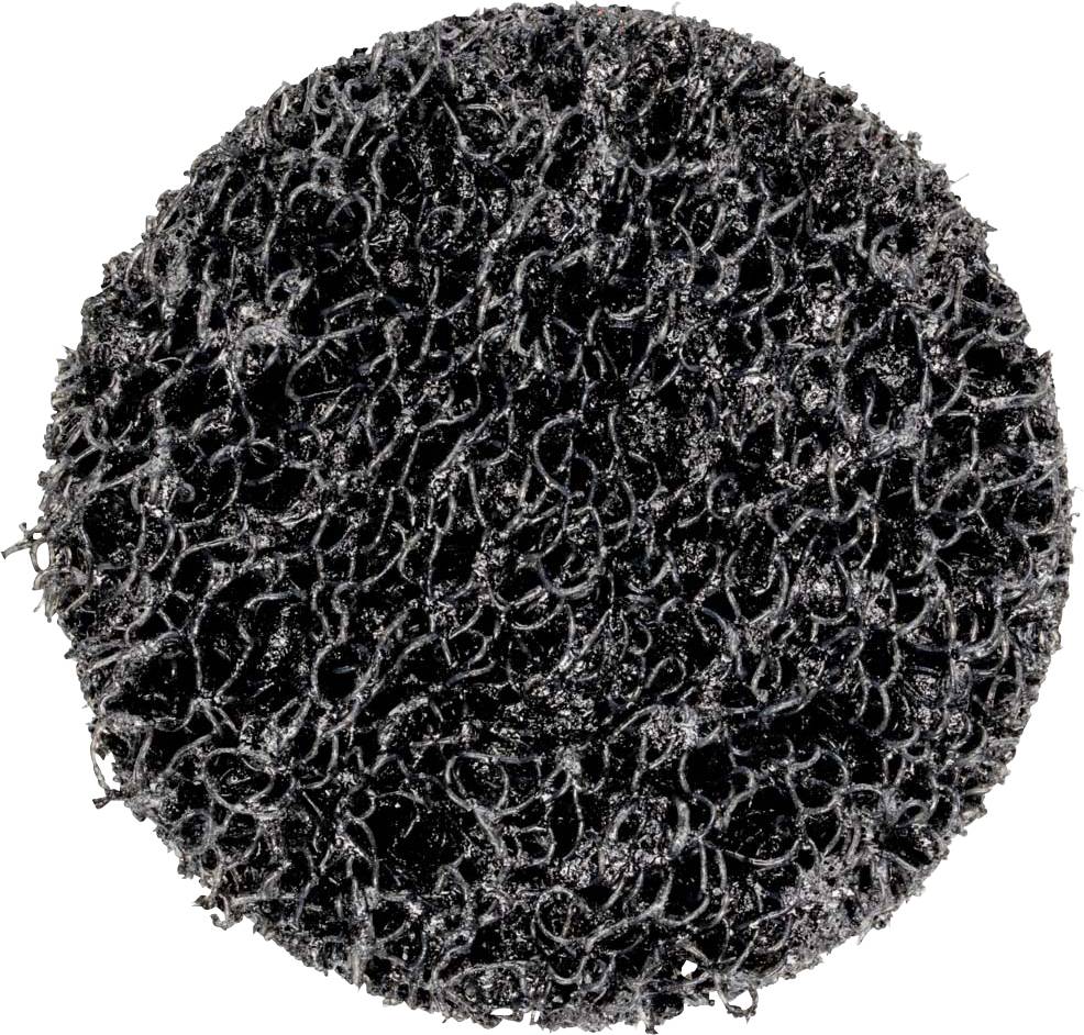 Un disque abrasif rond noir avec une surface rugueuse et texturée, adapté pour éliminer la rouille ou les anciennes couches de peinture.
