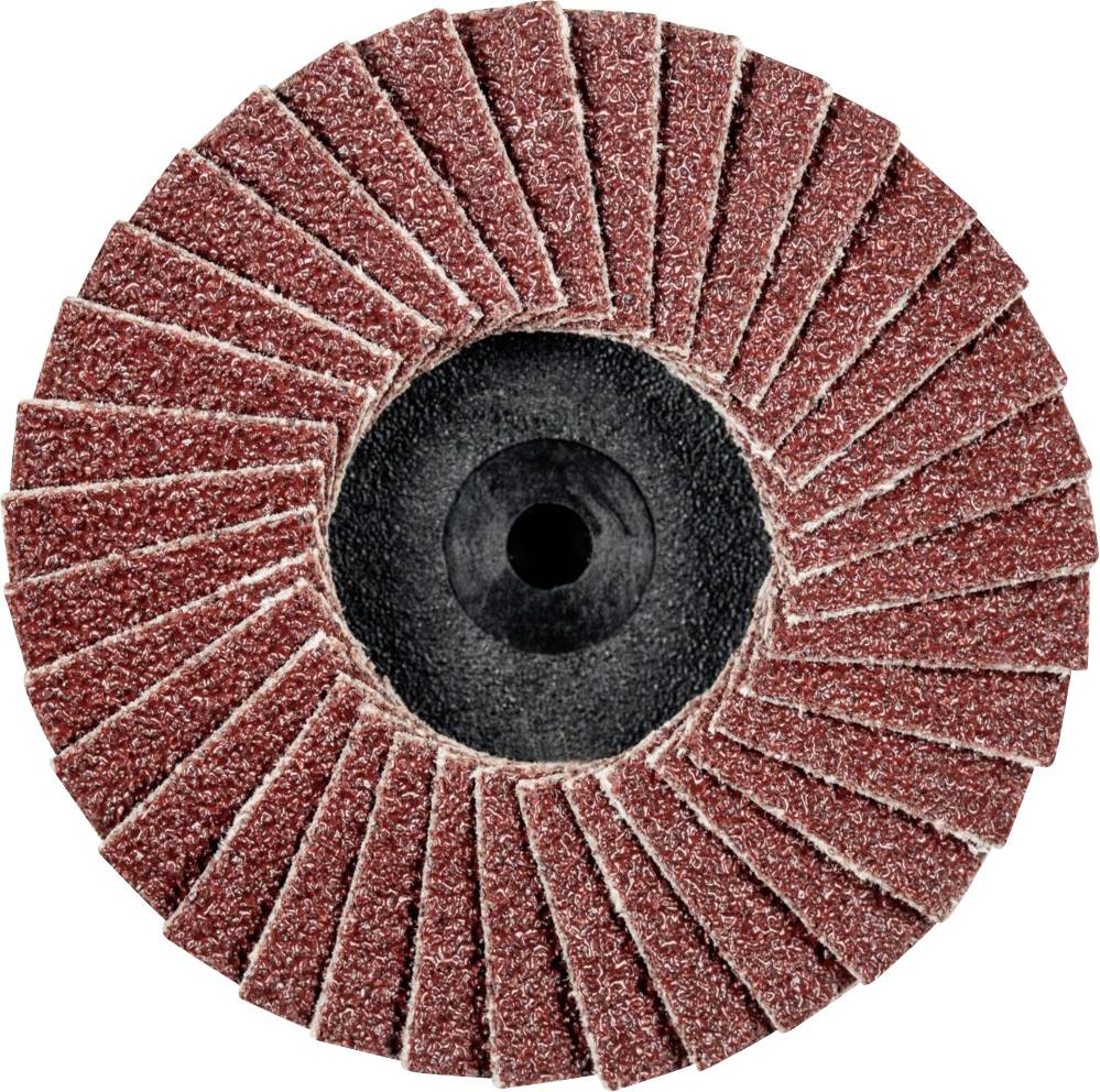 Disque abrasif avec des lamelles rouges disposées en cercle et un centre noir, utilisé pour polir ou poncer des surfaces.