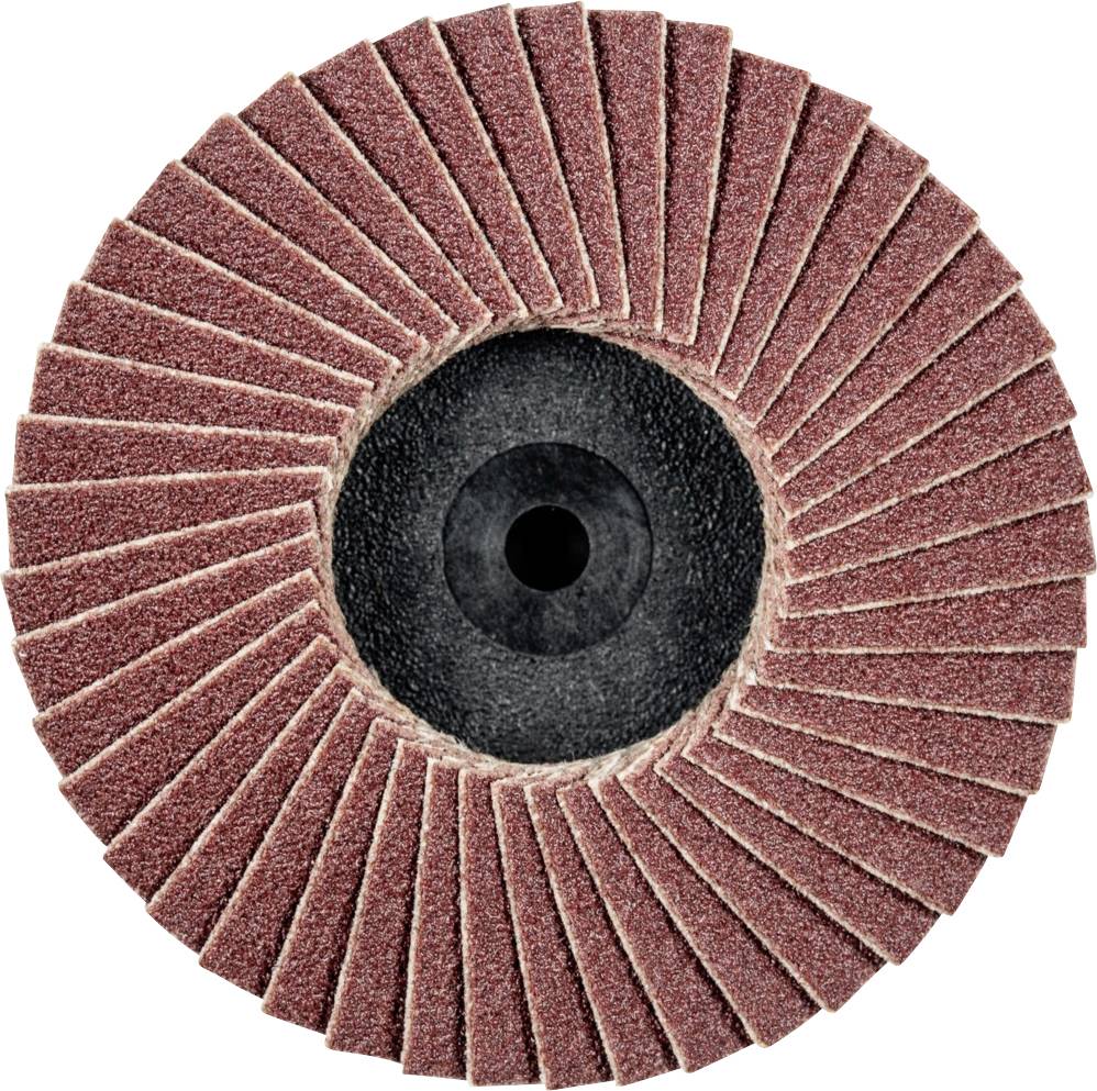 Un disque abrasif circulaire à lamelles, avec des lamelles marron et un centre noir. Il est utilisé pour les travaux de polissage et de meulage.