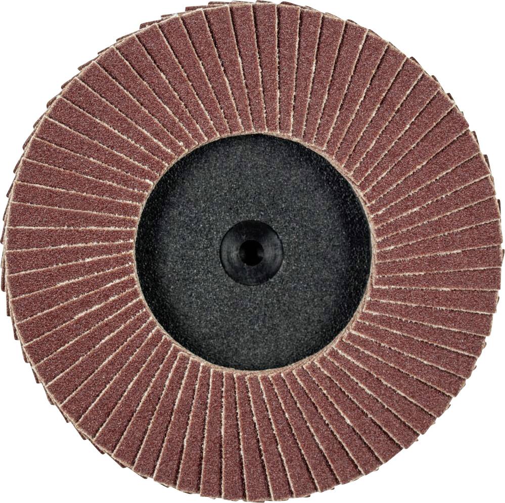 Disque de ponçage en forme d'éventail, avec des feuilles abrasives rouge-brun, centre rond avec un noyau noir. Utilisé pour le ponçage des surfaces.