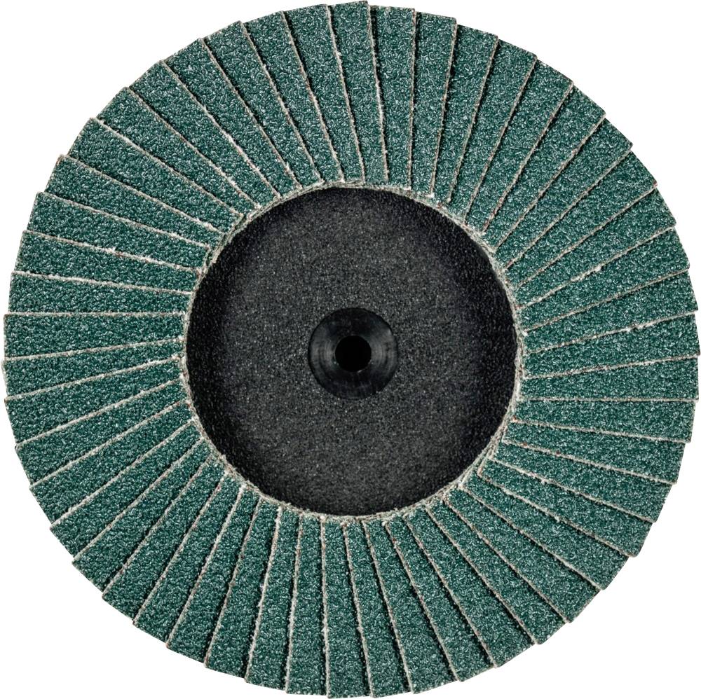 Un abrasif avec un design circulaire en forme d'éventail en vert et noir, utilisé pour poncer et lisser des matériaux.