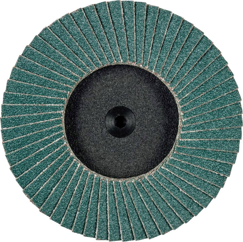 Disque de meulage à lamelles vertes, disposées en cercle autour d'un alésage central, permettant un mouvement de meulage optimal.